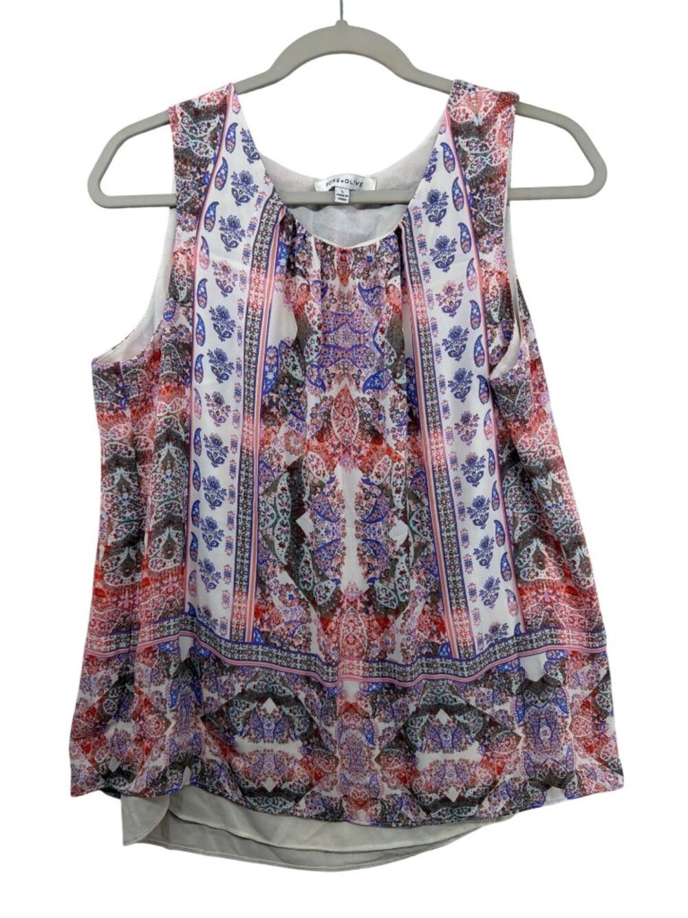 Rose + Olive Womens Tank Top Sz L Red/White/Blue Paisley Boho Split-Back Lightwt